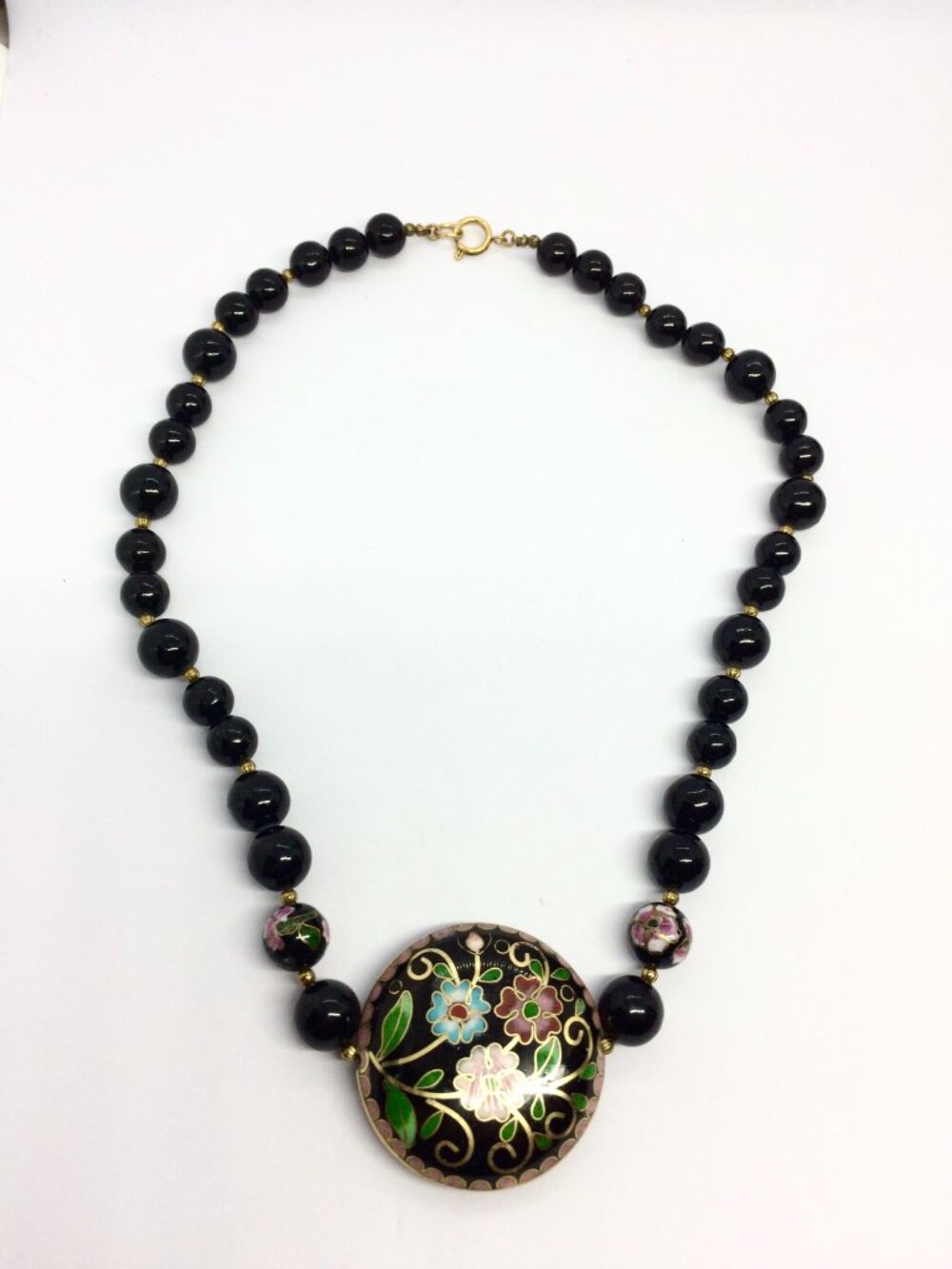 VINTAGE CLOISONNE NECKLACE Black Bead Floral Pendant Gold Tone Statement 22in - Picture 11 of 16